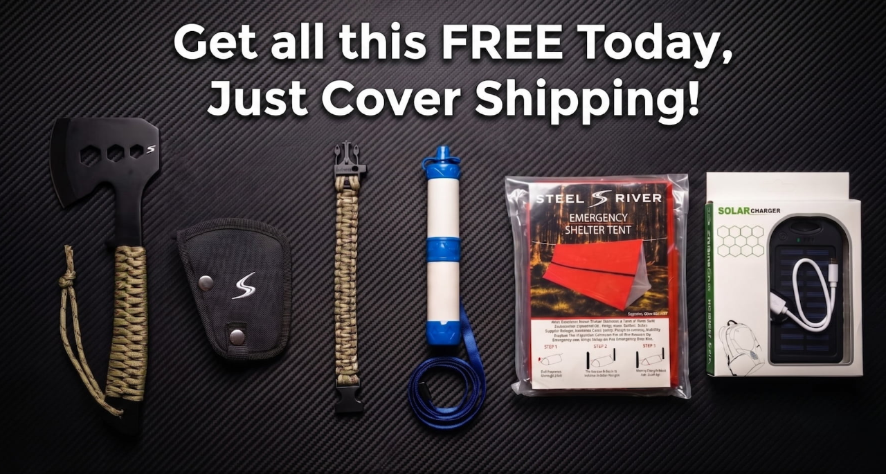 Steel River Bushcraft Survival Kit: tomahawk, shelter tent, solar charger, water filter straw, paracord bracelet