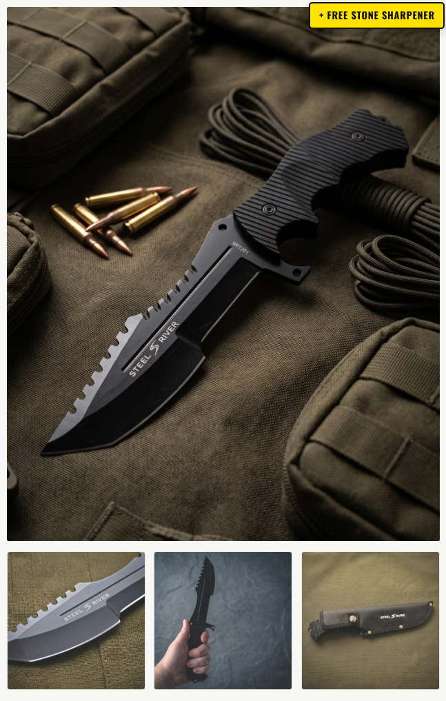 Steel River Combat Blade in hand, full-tang blacked-out field knife with sawback spine
