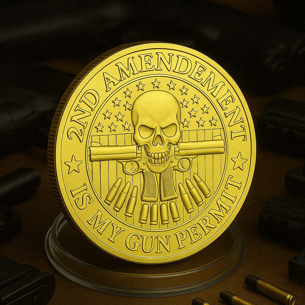 2nd Amendment commemorative coin with a skull flanked by two revolvers, stars and stripes background, and rifle cartridges, reading 2nd Amendment Is My Gun Permit