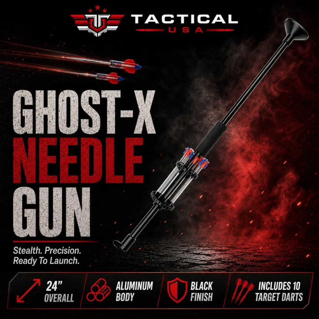 The Ghost-X, a 24 inch black aluminum dart launcher with a foam grip, a banded dart holder on the barrel and needle-tipped target darts