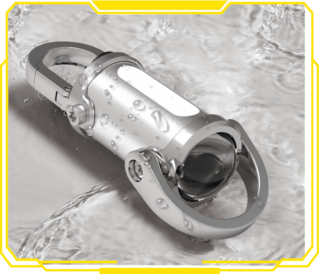 A silver carabiner-style keychain flashlight with a long COB light strip along the side and a lens at the end, beaded with water droplets
