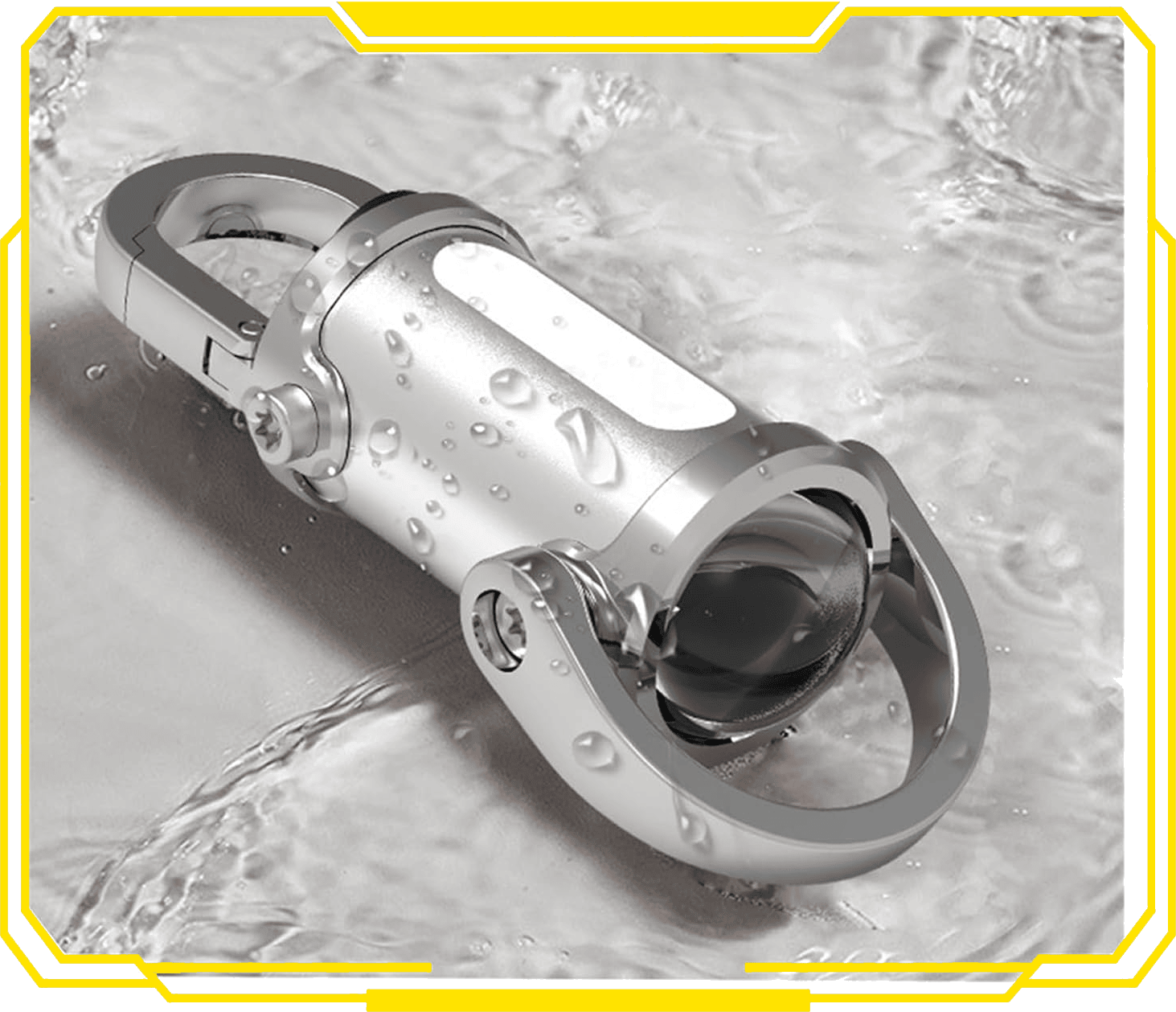 A silver carabiner-style keychain flashlight with a long COB light strip along the side and a lens at the end, beaded with water droplets
