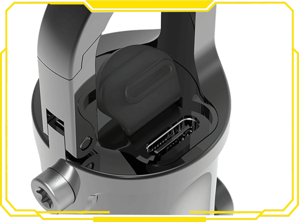 Close view of the USB-C charging port on the keychain flashlight with its rubber weather cover pulled open