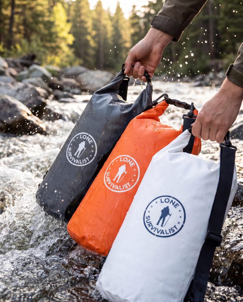 Three roll-top waterproof dry bags in black, safety orange and white being lifted out of a rocky stream, each marked with a Lone Survivalist circle logo