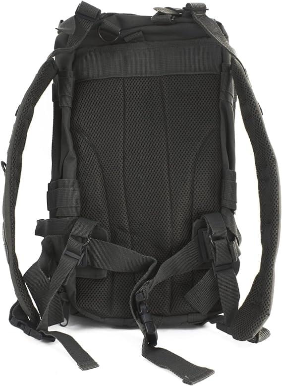 Rear view of the tactical backpack showing the ventilated mesh back panel, padded shoulder straps, sternum strap and adjustment webbing