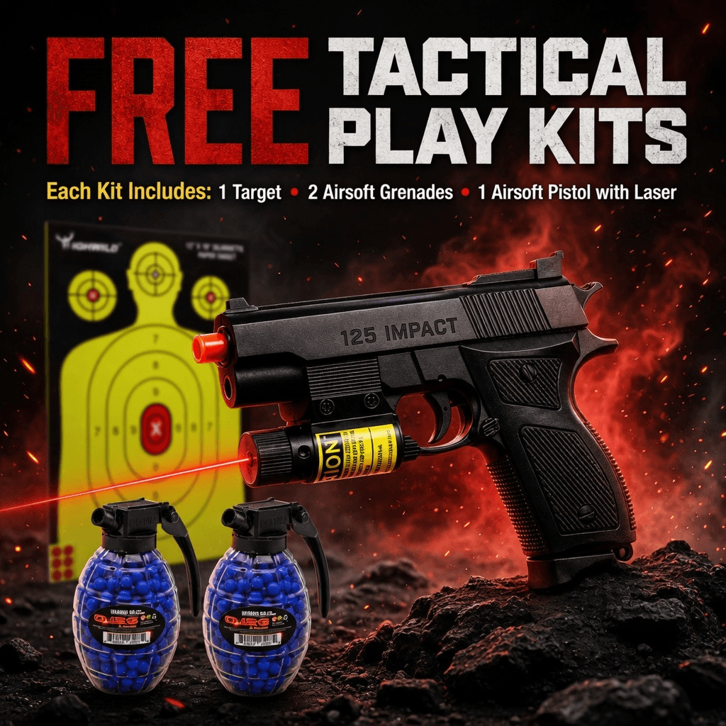 Free Tactical Play Kit from TacticalUSA including an M777 airsoft pistol with red laser sight, two grenade style BB containers, and a high visibility silhouette paper target