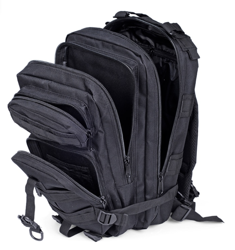 Black 30 liter tactical rucksack backpack shown with all zippered compartments open, MOLLE webbing on the exterior, compression straps and padded shoulder straps