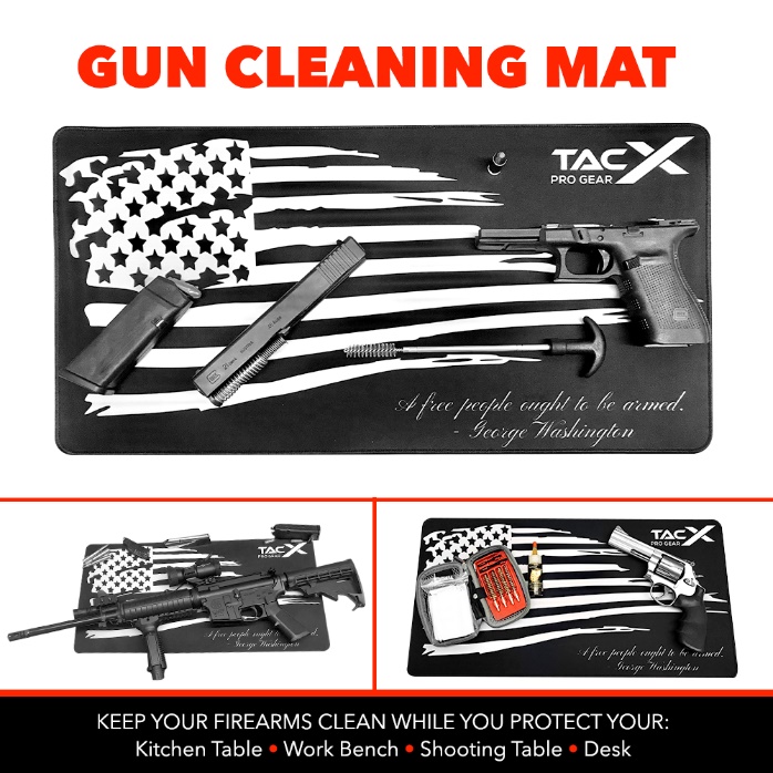 A black gun cleaning mat printed with a tattered white American flag and a George Washington quote, shown with a disassembled pistol, plus smaller views holding a rifle and a revolver with a cleaning kit